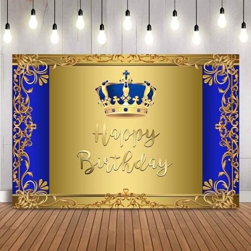 Gold and Royal Blue Birthday Backdrop Newborn Kids Happy Birthday Crown Photo Background Blue Crown Birthday Party Banner Decor