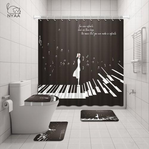 Piano Key Bathroom Curtain Set Sheet Music Shower Curtains with 12 Hooks Anti-skid Rugs Toilet Lid Cover Bath Mat Carpet