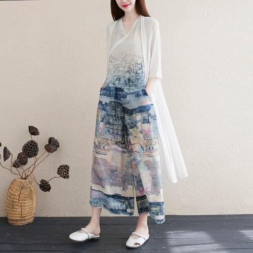 Summer Chinese Style Traditional Clothes Tang Suit Top Women Girls Yoga Linen Zen Kung Fu Shirt Chiffon Loose Leg Trousers 30949