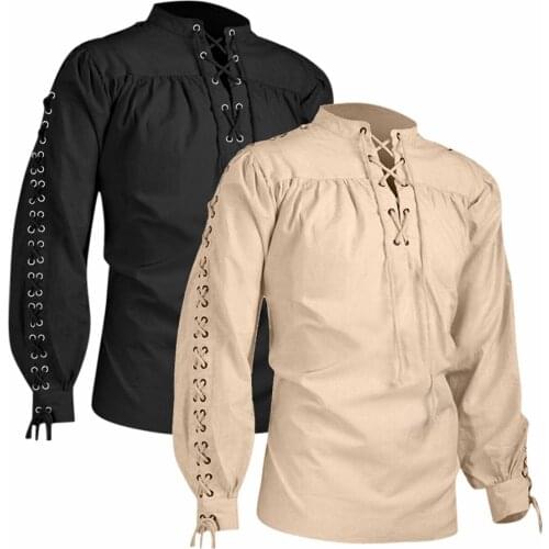 Mens Pirate Viking Shirt Vintage Halloween Medieval Lace-up Tops Blouse