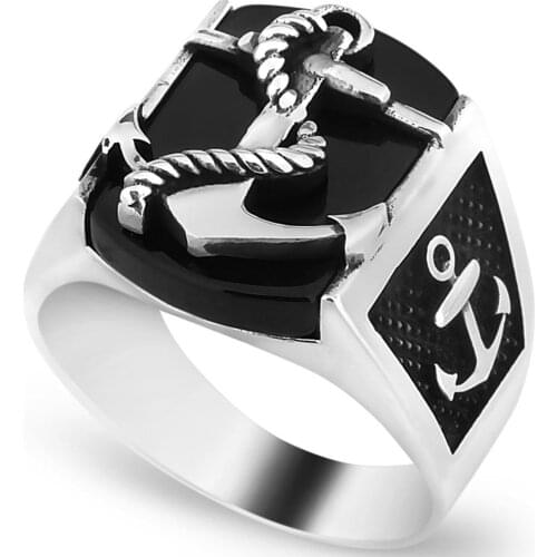 Solid 925 Sterling Silver Sailors Anchor Onyx Stone Mens Ring