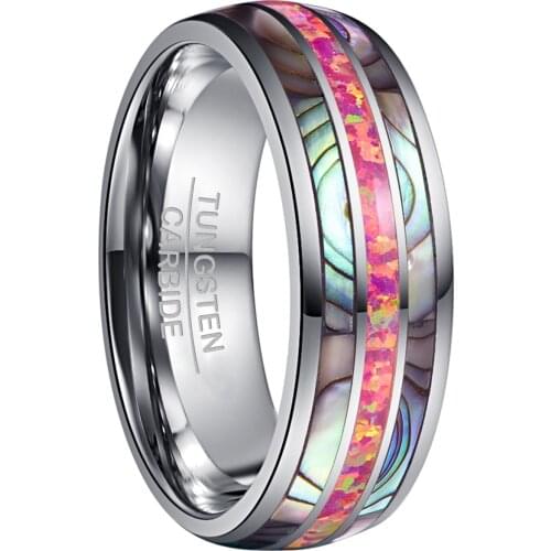 NUNCAD Tungsten Carbide Ring 8mm Dome Steel Inlaid with Two Abalone Shells + Deep Magenta Opal Tungsten Steel Ring Comfort Fit
