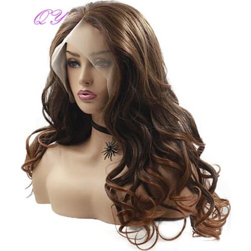 QY Hair synthetic Lace Front Wig 26 Inch Long Loose Wave Ombre Brown Color Hair Wigs For Women