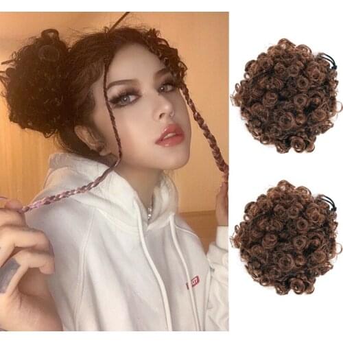 2 pieces Bun Chignon Hair Accessories jerry curl Afro Puff Soft Fried Head Elastic Hair Rope Synthetic Buns for Black Woman