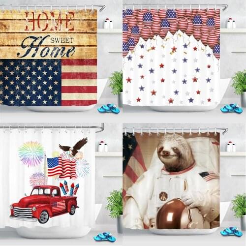 Retro Car Stars and Stripes American Flag Astronaut Bathroom Shower Curtains Fabric Waterproof Polyester Bath Curtain With Hooks