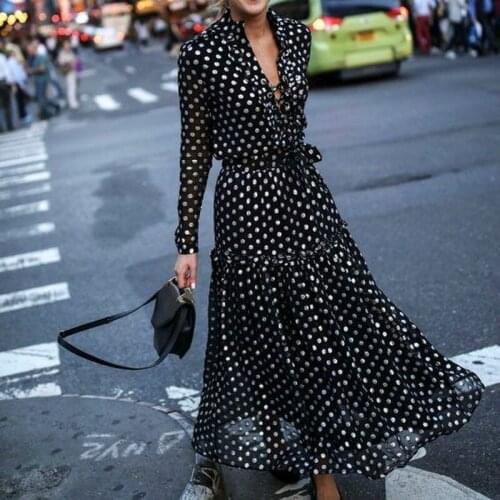Skirts 2018 New Brand Women Casual Long Sleeve Casual V-Neck Dot Maxi Skirts Lady V Neck Split Loose Skirts