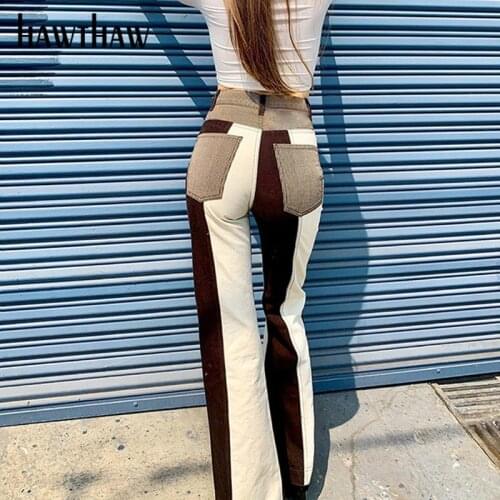 Hawthaw Women Autumn Winter Straight Color Block Pocket High Waist Female Denim Flare Long Pants 2021 Fall Clothes Streetwear