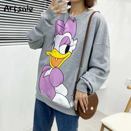 Artsnie Disney Cartoon Sweatshirt Women Autumn 2021 O Neck Long Sleeve Oversized Hoodies Streetwear Gray Casual Sweatshirts