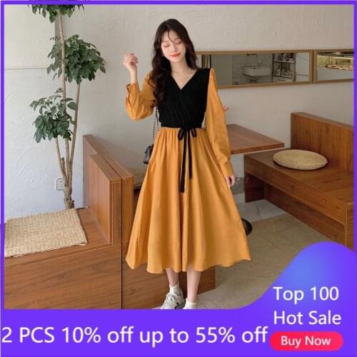 V-neck Lace-up Waist Dress For Women 2021 Early Autumn New Korean Style Contrast Color Long Sleeves Design Long Dress