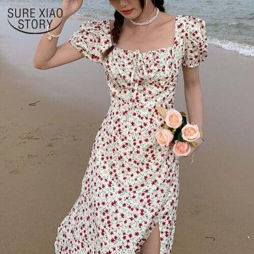 2021 Summer French Floral Beach Dress Fashion Sexy Square Collar Long Dress White Yellow Printing Party Dresses Robe Femme 14689