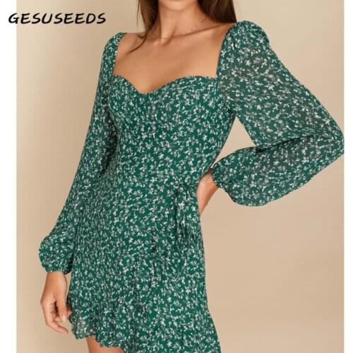 Vintage dress summer puff sleeve dress women floral print mini dresses ruffle holiday dress square neck bandage dresses green