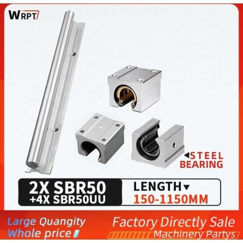 2PCS SBR50 guide rail bracket cylindrical linear sliding bearing slide rail 4PCS slider set length = 150MM-1050MM