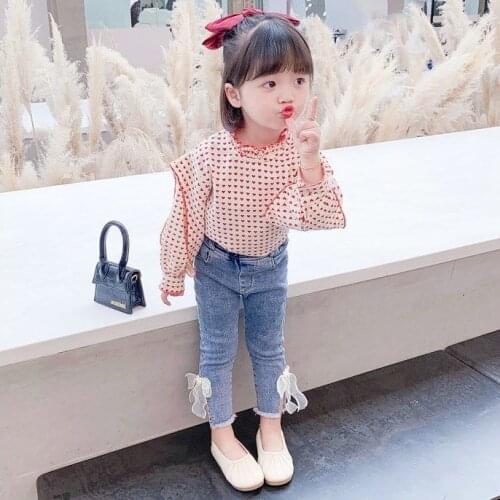 2021 Spring Autumn Kids Baby Girls Print Blouse Shirt Tops + Jeans Pants Outfit Set Children Fashion Casual Clothes Sets D596