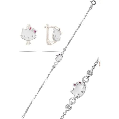 925 sterling Silver Ancl Cabochons Cat Model Bracelet and Earrings