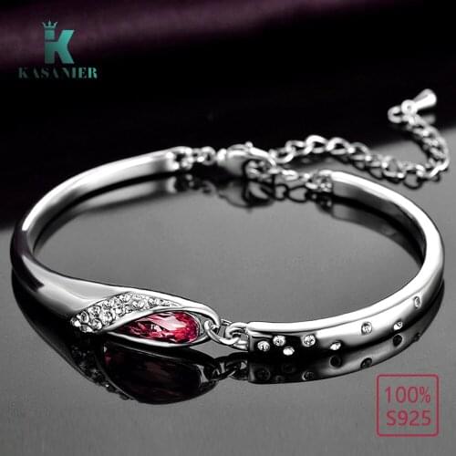 Elegant Women 925 Sterling Silver Crystal Bracelets Friendship Armbanden Bangle Fairy Water Drop Red / blue Crystal Bracelets