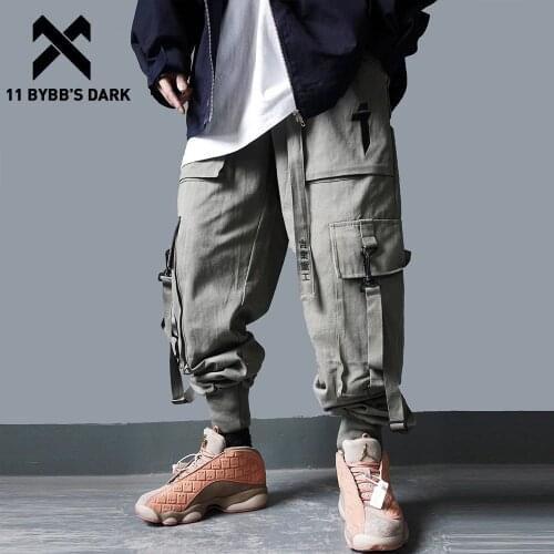 11 BYBBS DARK Multi Pockets Cargo Pants Mens Harajuku Casual Streetwear Ribbons Hip Hop Joggers Male Elastic Waist Sweatpants