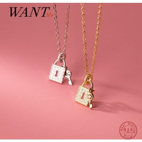 WANTME S925 Luxury Zircon Key Small Lock Pendant Chain Necklace for Women Genuine 925 Sterling Silver Punk Birthday Jewelry Gift