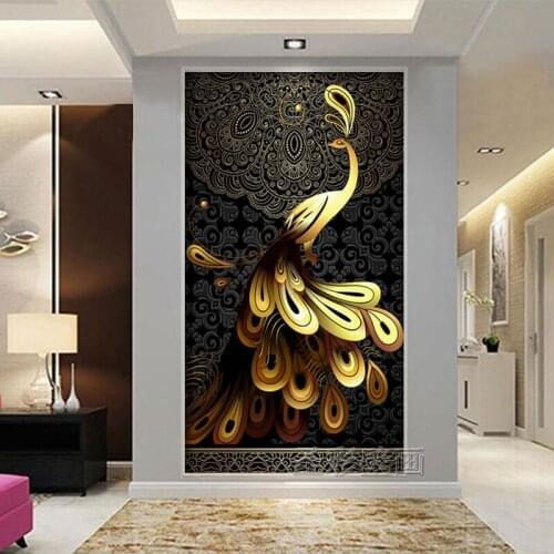 Black Bottom Golden Peacock Large Papel Murals 3d Animal Wallpaper for Living Room Sofa Background 3d Wall Stickers