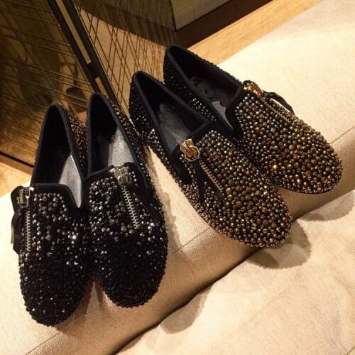 Gold Black Zipper Design Rhinestones Women Loafers Flat Shoes Round Toe Spirng Autumn Women Shoes Zapato De Mujer Slip On Flats