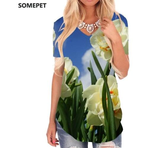 SOMEPET Sky T Shirt Women Flowers Funny T shirts Leaf V-neck Tshirt Harajuku Shirt Print Womens Clothing Summer Printed