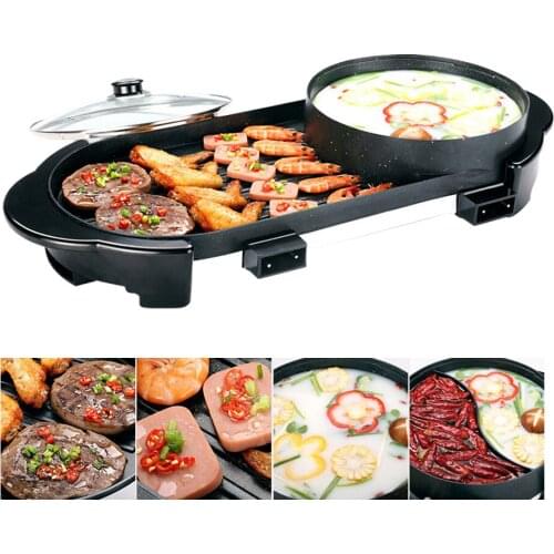 220V BBQ Grill & Hot Pot, Multi-Function Electric Barbecue Oven Non-Stick Pan with 5 temperature adjustment