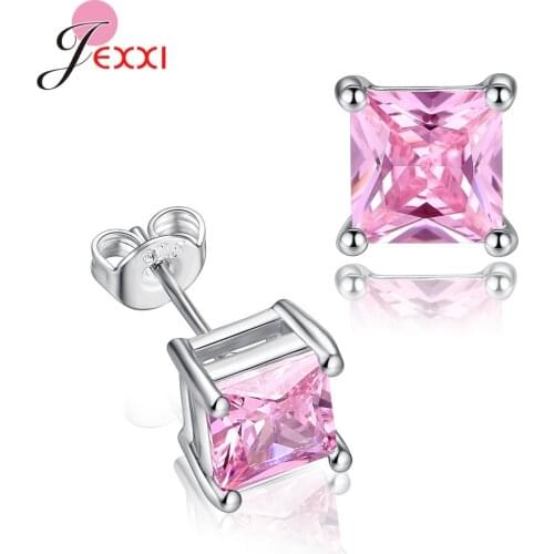 Classic Fashion Ear Brincos Earrings S925 Sterling Silver Square Cut AAA Cubic Zirconia Stone Women Girls Stud Earrings Hot Sale