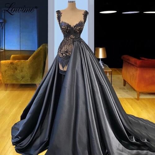 Lowime Two Pieces Prom Dresses Black Sequins Arabic Party Dress 2021 Dubai Women Evening Wear Robe Celebrity Dress Evening Dress