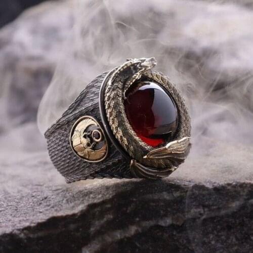 Retro Creative Black Gold Dragon Scale Mens Ring Fashion Red Gem Plated Gold Dragon Party Punk Mens Jewelry Ring Size 7-13