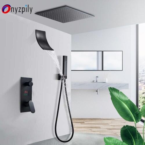 Onyzpily Matte Black Bathroom Shower Faucet Set Ceiling Mounte LCD Digital Displa Waterfall Shower System Swivel Spout Mixer Tap