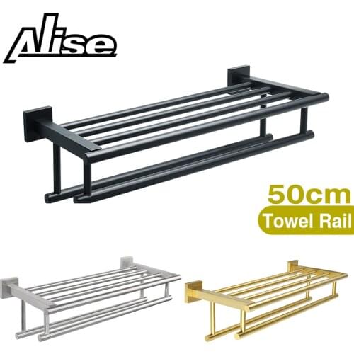 Double Towel Rail Wall Mounted 50CM Towel Rack Bathroom 304 Stainless Steel Black Towel Bar Towel Hanger Black Towel Holder