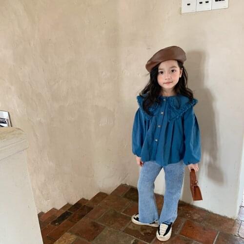 2021 autumn and winter new girls' childrens wear childrens Double Neck large lapel lace long sleeve shirt cute