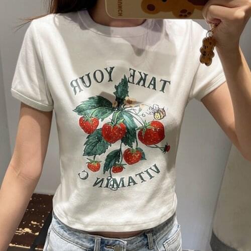 College Girls Skinny Strawberry Print Cotton T-shirt Women Vintage T Shirts 2021 Summer New Crop Tops Fashion Streetwear Ladies