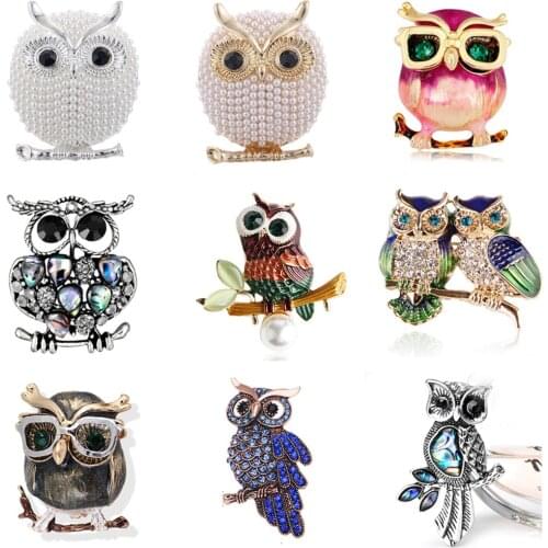 Couple Owl Brooch Animal Brooches For Women Men Clothes Scarf Buckle Collar Jewelry Pins Blue Eyes Enamel Pins Rhinestone