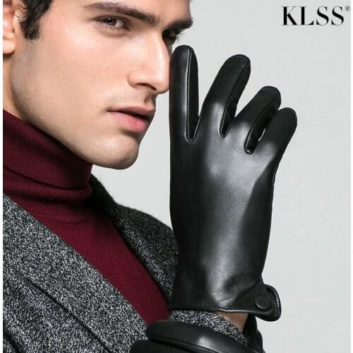 KLSS Brand Genuine Leather Men Gloves Autumn Winter Plus Velvet Thermal High Quality Goatskin Glove Business Casual J50