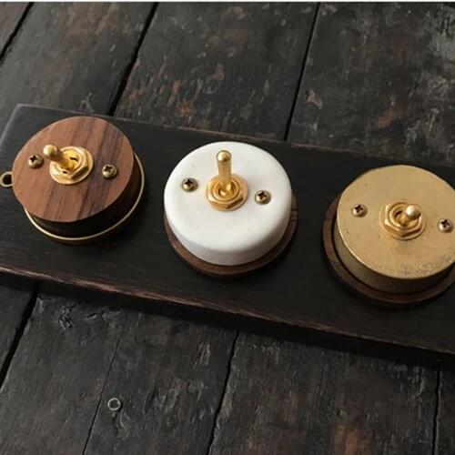1-4 Gang 2 Way Wall Light Switch Retro Black Walnut Base Ceramic Wood Brass Toggle Switch 10A 220V
