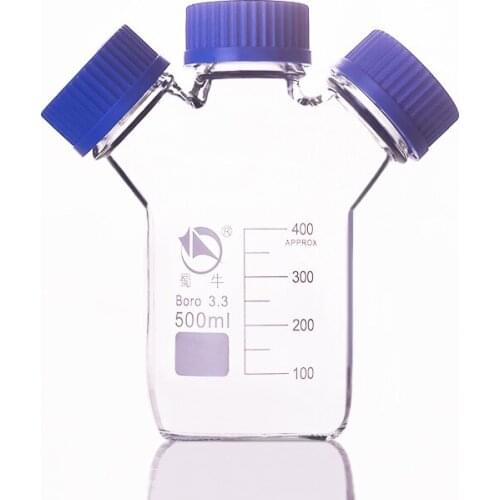 Reagent bottle,With 3 blue screw covers,Borosilicate glass 3.3,Capacity 500ml,Graduation Sample Vials Plastic Lid with 3 necks