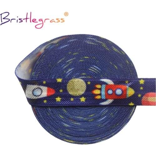 BRISTLEGRASS 2 5 10 Yard 5/8" 15mm Space Rocket Print Fold Over Elastics FOE Spandex Satin Bands Tape Hair Tie Dress Sewing Trim
