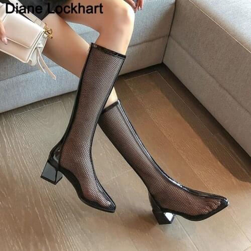 Mesh Sandals Boots Women High Heels Knee High Boot for Summer Ponited toe Sexy Lace Shoes Hollow Back Zip Black Bottes Female 43