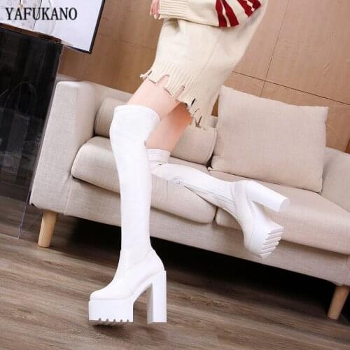 14Cm Square Heels Over-The-Knee Boots High-Heeled Platform Can Not Drop Long Tube Boots High Elastic Leather Stovepipe Boots 39