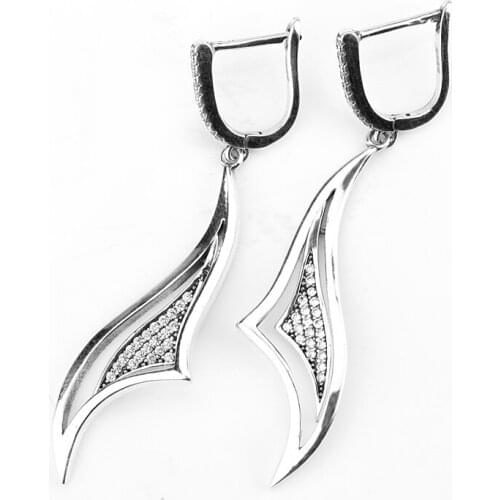 Real 925 Sterling Silver Earrings Chic Shimmer Geometric Shape Buckle CZ Ladies Ethnic Long Sterling Tassel Earrings