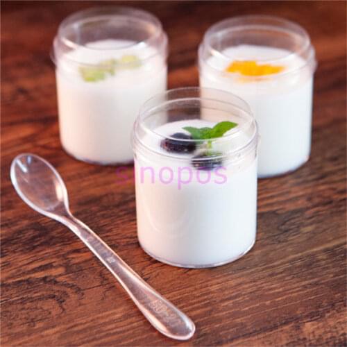 12pcs Disposable clear plastic mini round cylinder shape pudding cup with lid and scoop, jelly/mousse/cake display box, SP01