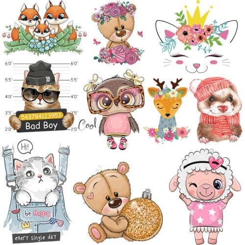 Cute Animals Heat Vinyl Transfer For Clothing Bear/Cat Thermal Stickers Iron On Transfers On Clothes Appliques For Baby T-shirt