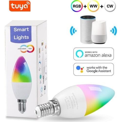 Tuya Smart Wifi LED Bulb RGB+W+C LED Candle E14 Bulb Dimmable Light Remote Control Work with Alexa Google Home Assistant