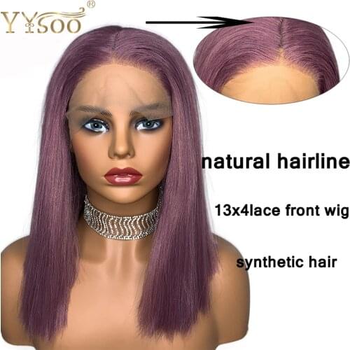 YYsoo13x4 Short Purple Synthetic Lace Front Wigs For Women Glueless Silky Straight Bob Wig Natural Hairline High Temperature Wig