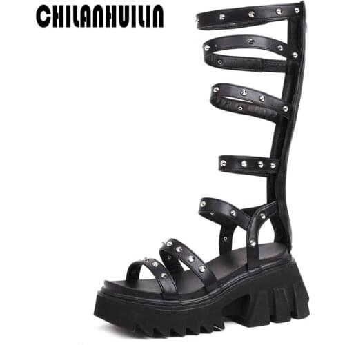 Punk style roman rivets summer boots microfiber leather shoes woman knee high boots high heels thick platform knee high boots