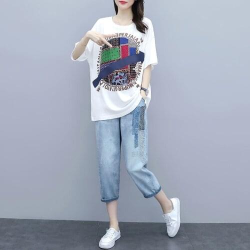 Large Size Casual Fashion Women 2Pcs Suit Summer New 2021 Female Jeans + Cotton T-Shirt Printing Suit Loose W53