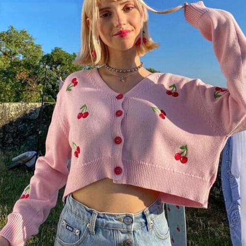Women Loose Knitwear Long Sleeves V-Neck Single-breasted Cherry Embroidery Cardigan