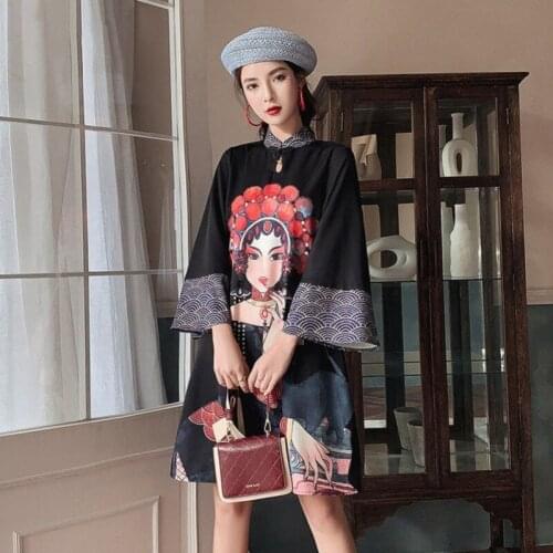 Summer Fashion Chinese Style Vintage Empire Women Print Dress Elegant Flare Sleeve Party Black Dresses Vestido Mujer Casual 5XL
