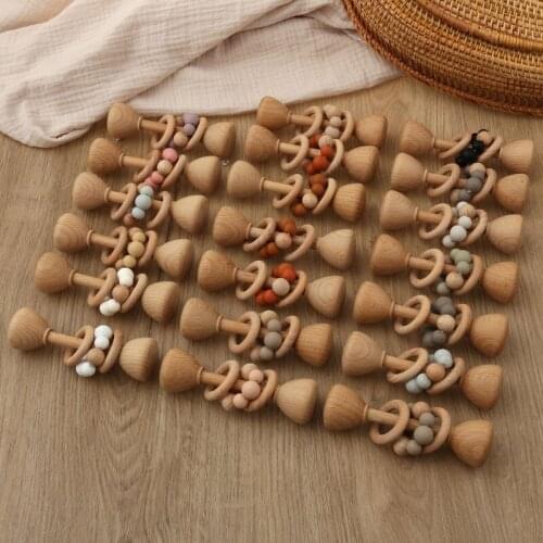 1PC Wooden Teether Rattle Montessori Activity Baby Toys Wooden Blank Ring Teething Toys Baby Nursing Gifts Toys