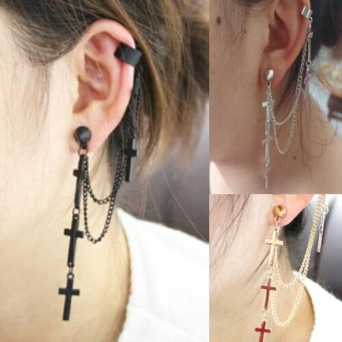 1 Piece!!! Cross Tassel Chains Ear Cuff Gothic Punk Style Women Girls Clip Stud Earring Fashion Jewelry